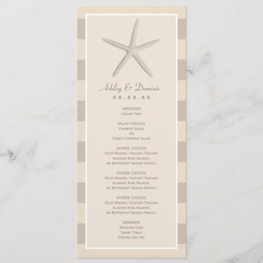 Neutrale Beige Zeester Strand Bruiloft Diner Menu (Voorkant)