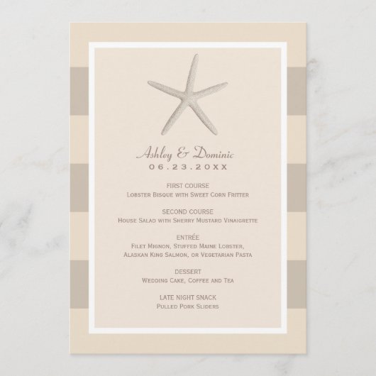 Neutrale Beige Zeester Strand Bruiloft Diner Menu (Voorkant)