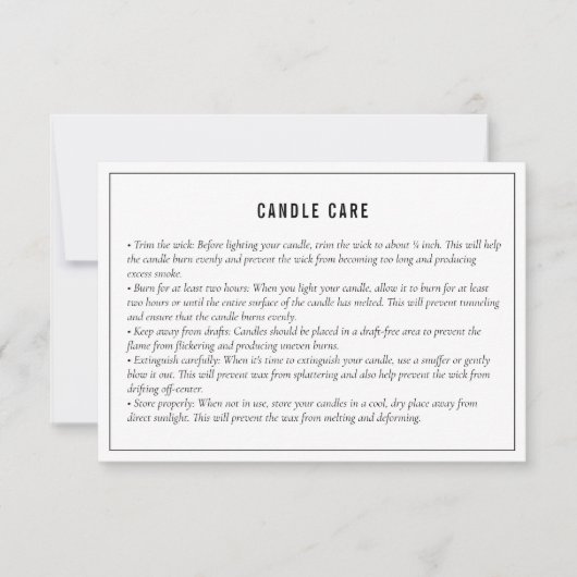 Neutrale Black White Candle Care Instruction Kaart (Voorkant)