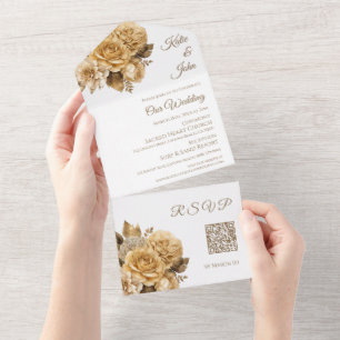 Neutrale Bloem Boeket-Wit Bruiloft QR-code All In One Uitnodiging