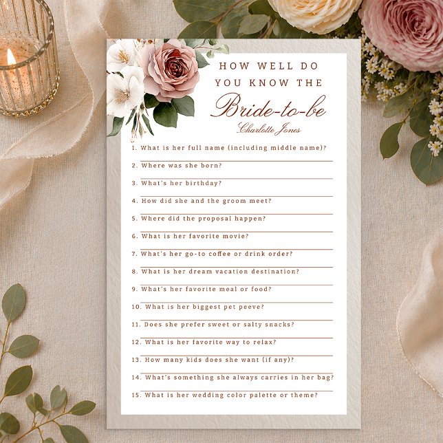 Neutrale Bloem Bruiloft Shower Spel – Ken de Bruid (Bridal Shower Card)