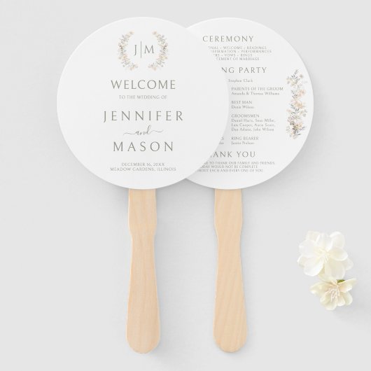 Neutrale bloemen bruidsboeket trouwprogramma handwaaier (Voorkant en achterkant)