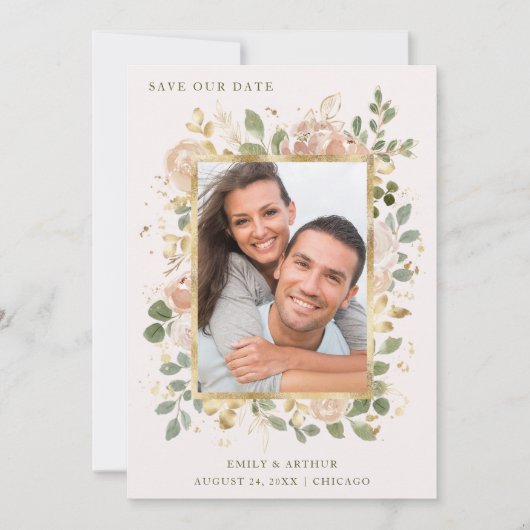 Neutrale bloemen op Blush Pink | Gold Photo-Lijst Save The Date (Voorkant)