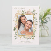 Neutrale bloemen op Blush Pink | Gold Photo-Lijst Save The Date (Staand voorkant)