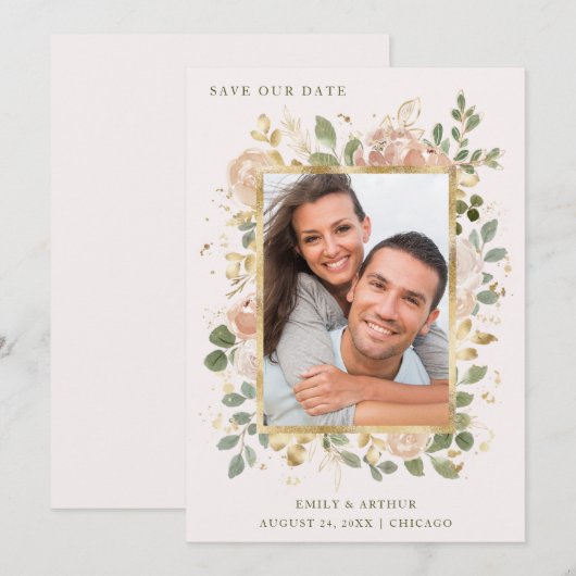 Neutrale bloemen op Blush Pink | Gold Photo-Lijst Save The Date (Voorkant / Achterkant)