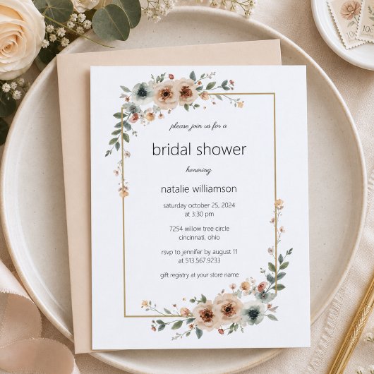 Neutrale bloemenframe bruidsdouche kaart