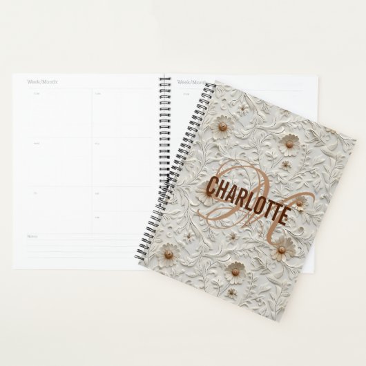 Neutrale bloemige leer monogram naam planner (Display)