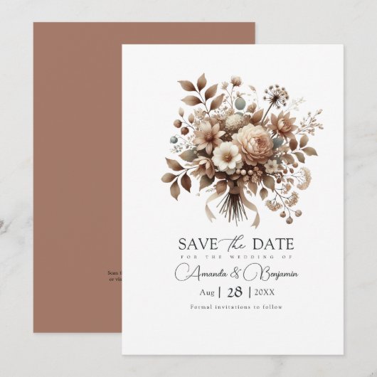 Neutrale Bloom Mocha Mousse Bloemige Bruidsdouche Save The Date (Voorkant / Achterkant)