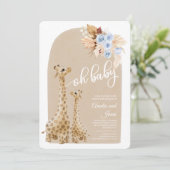 Neutrale Blue Pampas Grass Giraffe Baby shower Kaart (Staand voorkant)