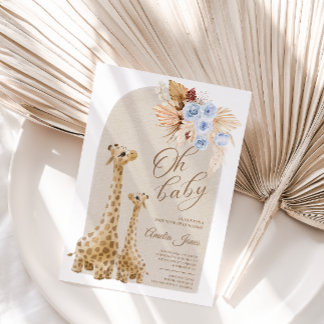Neutrale Blue Pampas Grass Giraffe Baby shower Kaart