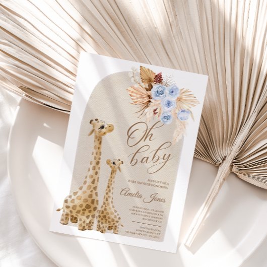 Neutrale Blue Pampas Grass Giraffe Baby shower Kaart