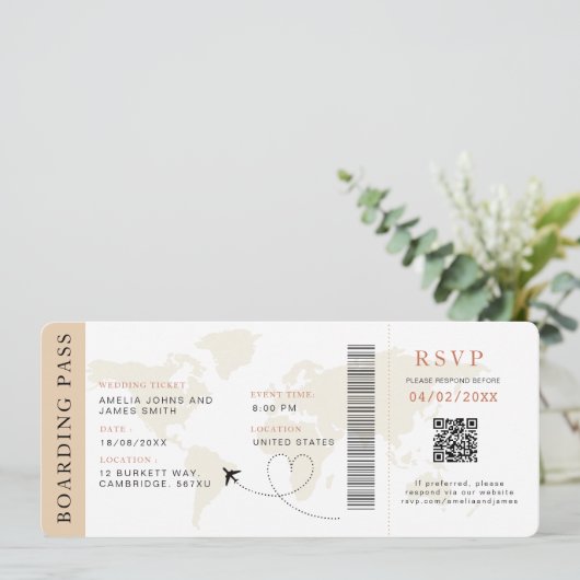 Neutrale Boarding Pass Bestemming bruiloft QR-code Kaart (Staand voorkant)