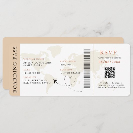 Neutrale Boarding Pass Bestemming bruiloft QR-code Kaart (Voorkant / Achterkant)
