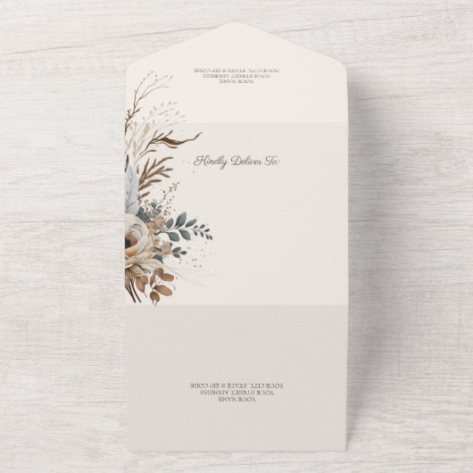 Neutrale Boheemse Bloemen & Veren All In One Uitnodiging (Buitenkant)