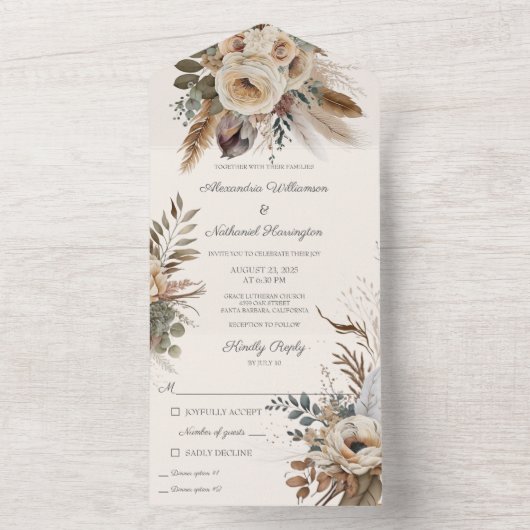 Neutrale Boheemse Bloemen & Veren All In One Uitnodiging (Binnen)
