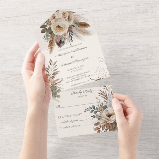 Neutrale Boheemse bloemen & veren All In One Uitnodiging (Afscheurbaar)