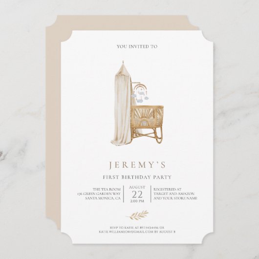 Neutrale Boho Baby First Birthday Kaart (Voorkant / Achterkant)