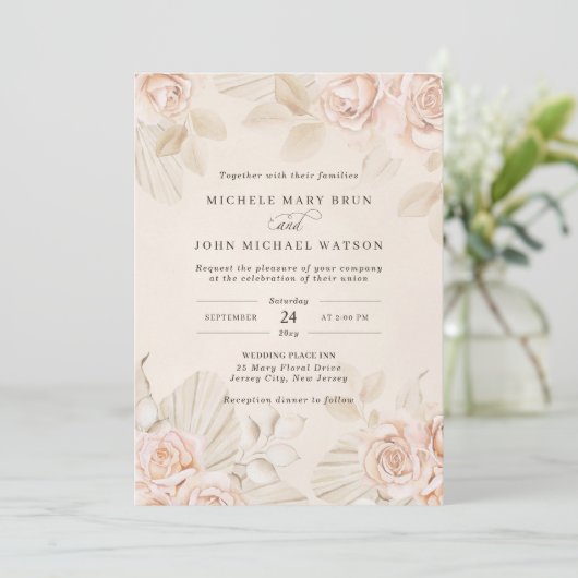Neutrale Boho Beige Tan Blush Rozen Floral Weddens Kaart (Staand voorkant)