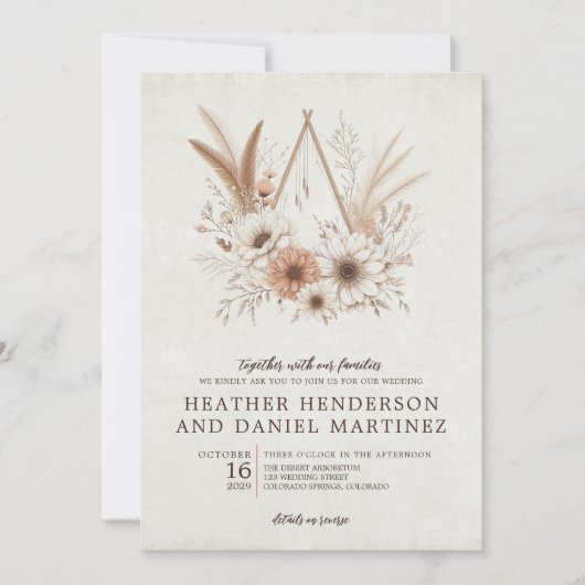 Neutrale Boho Bloemen met QR Code Bruiloft Kaart (Voorkant)