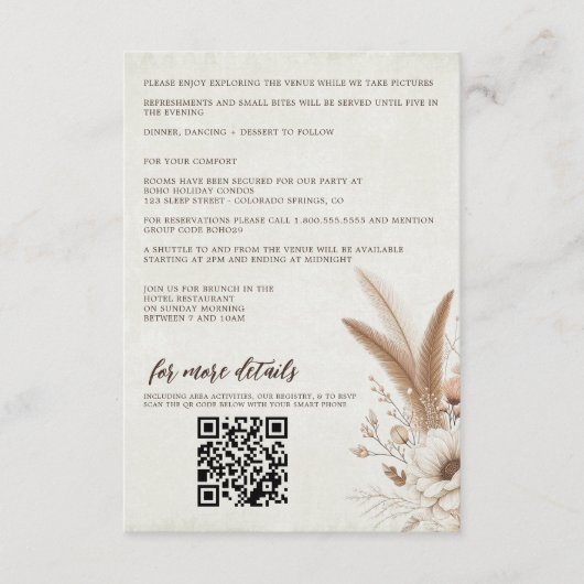 Neutrale Boho Bloemen met QR Code & Details Bruilo Informatiekaartje (Voorkant)