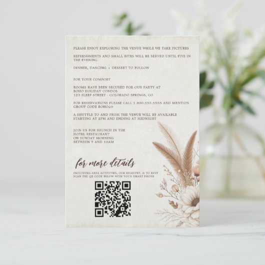 Neutrale Boho Bloemen met QR Code & Details Bruilo Informatiekaartje (Staand voorkant)