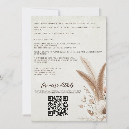 Neutrale Boho Bloemen met QR Code & Details Bruilo Kaart (Achterkant)