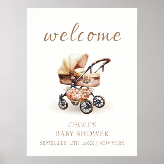Neutrale Boho Bloemen Wandelwagen Baby Shower Welk Poster (Voorkant)