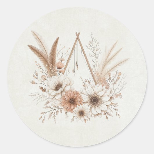 Neutrale Boho bloemenbruiloft Ronde Sticker (Voorkant)