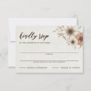 Neutrale Boho bloemenbruiloft RSVP Kaartje