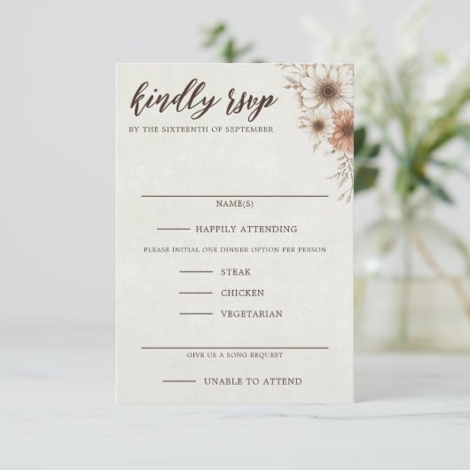 Neutrale Boho bloemenbruiloft RSVP Kaartje (Staand voorkant)