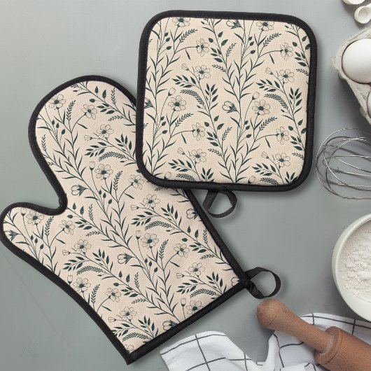 Neutrale Boho Botanisch Ovenwant & Pannenlap Set