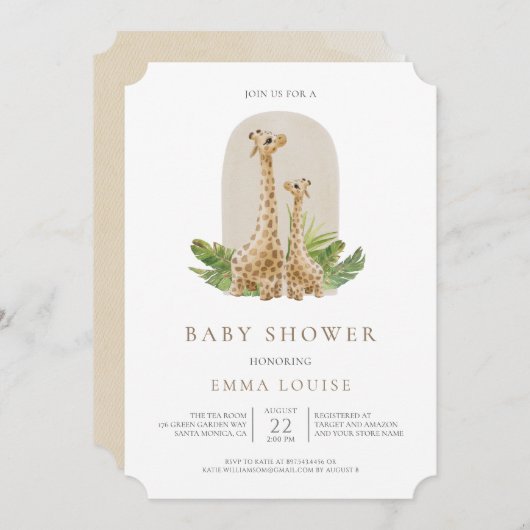 Neutrale Boho Giraffe Baby shower Uitnodiging (Voorkant / Achterkant)