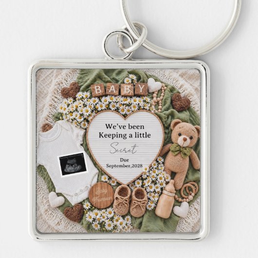 Neutrale boho knuffelbeer zwangerschapsaankondigin sleutelhanger (Voorkant)