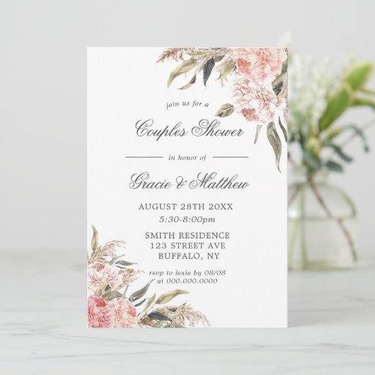 Neutrale Boho Pink Peony Couples Shower Invitation (Staand voorkant)