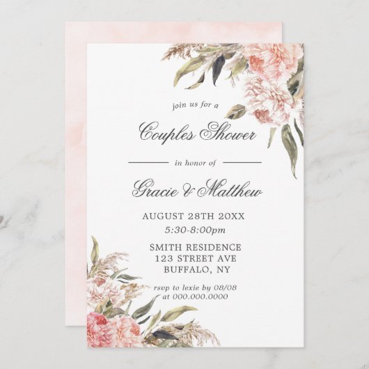 Neutrale Boho Pink Peony Couples Shower Invitation (Voorkant / Achterkant)
