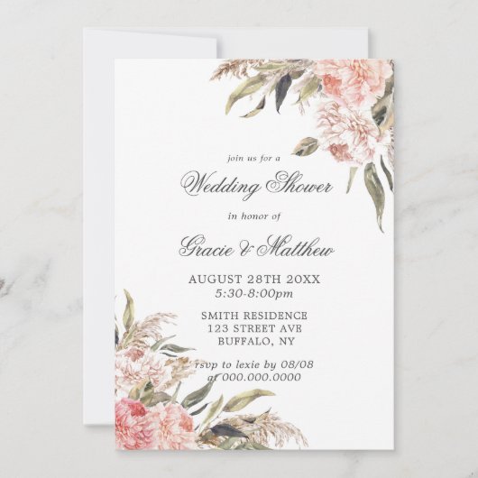 Neutrale Boho Pink Peony Wedding Shower Invitaties (Voorkant)