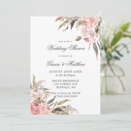 Neutrale Boho Pink Peony Wedding Shower Invitaties (Staand voorkant)