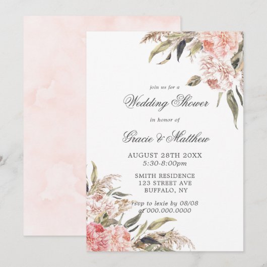 Neutrale Boho Pink Peony Wedding Shower Invitaties (Voorkant / Achterkant)