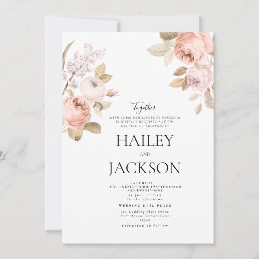 Neutrale boho roze bruine rustieke bloem bruiloft kaart (Voorkant)