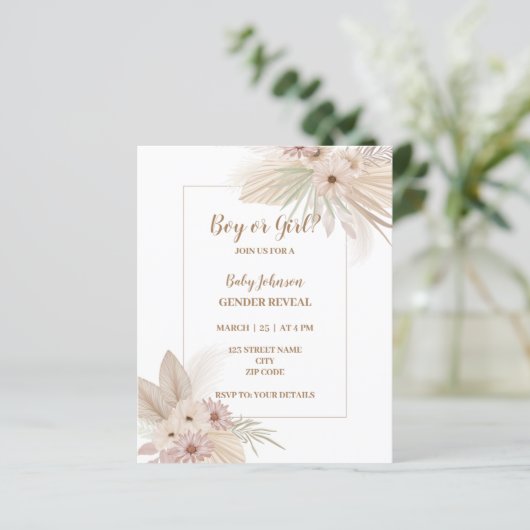 Neutrale Boho thema gender onthullen uitnodiging (Staand voorkant)