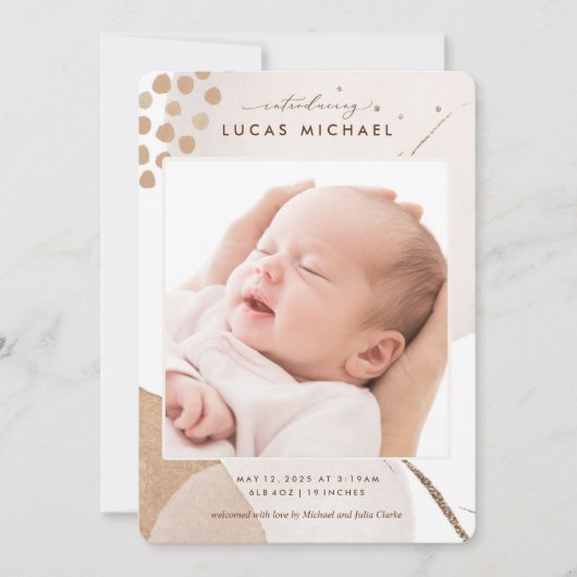 Neutrale Boho Waterverf Foto geboortedatum bekendm Kaart (Voorkant)