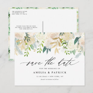 Neutrale Botanische Garland QR-code Save the Date Aankondigingskaart