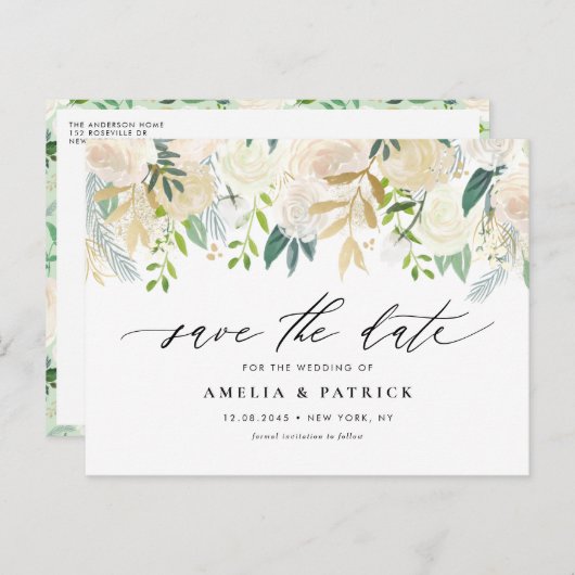 Neutrale Botanische Garland QR-code Save the Date Aankondigingskaart (Voorkant / Achterkant)