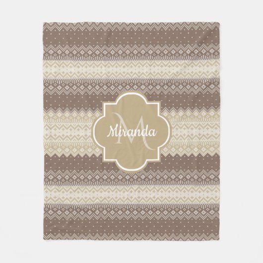 Neutrale bruine en Tan Knit patroon met naam Fleece Deken (Voorkant)
