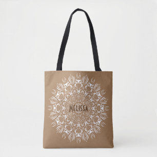 Neutrale bruine en witte uil mandala gepersonalise tote bag