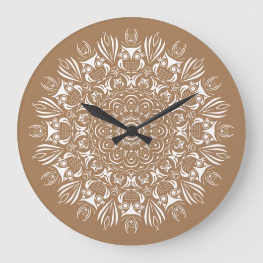 Neutrale bruine en witte uil mandala grote klok (Voorkant)