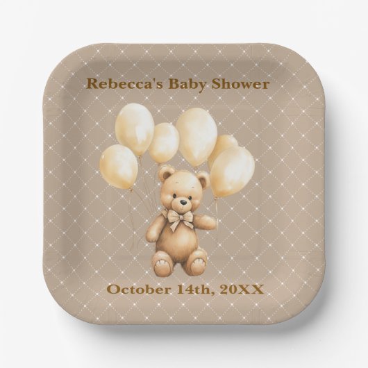 Neutrale bruine teddybeer babyshower papieren bord (Voorkant)
