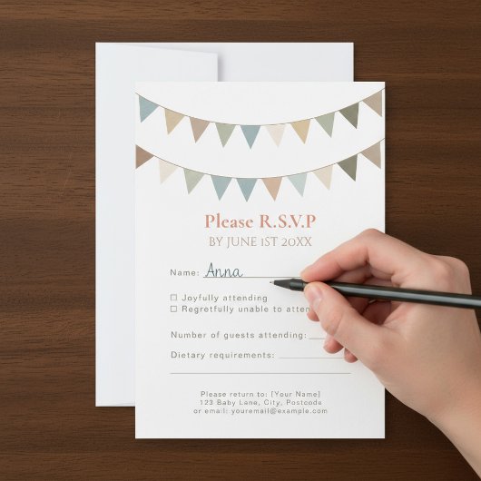 Neutrale bunting rustieke RSVP bruiloft reactie ka Kaartje