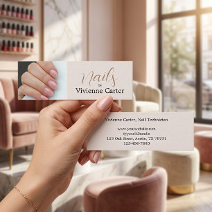 Neutrale Crème Tan Script Foto Nagelsalon Mini Visitekaartje
