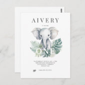 Neutrale Cute Elephant First Birthday Invitation Briefkaart (Voorkant / Achterkant)